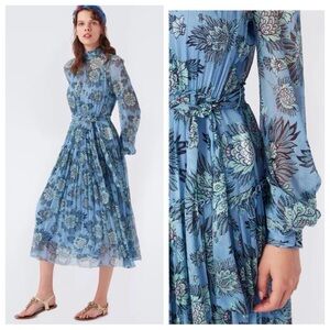 NWT DVF Kent Belted Midi Dress Floral Misty Blue US2